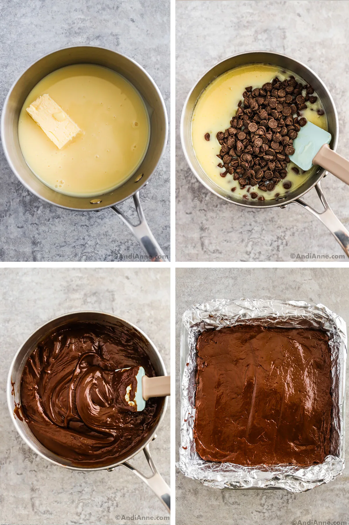 Four images showing steps. First is pot with milk and butter stick. Second is chocolate chips dumped over white liquid and spatula. Third is melted chocolate in a pot. Fourth is chocolate spread into square dish lined with aluminum foil.