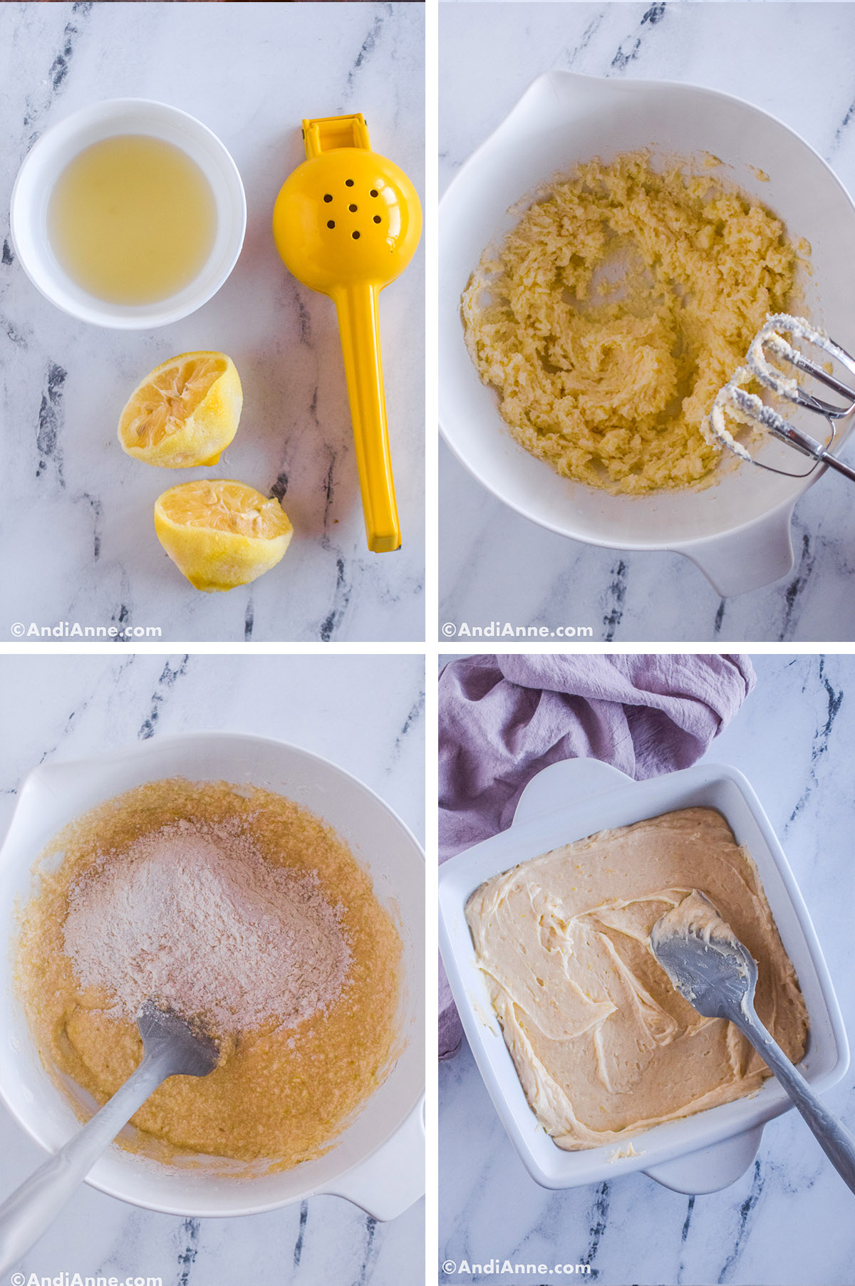 Four images grouped together. First is a bowl of lemon juice with squeezed lemons and lemon juicer beside. Second is creamed butter and sugar in bowl with an electric mixer. Third is flour dumped over top of creamed mixture in a bowl. Fourth is lemon brownie batter smoothed with a spatula in a baking dish.