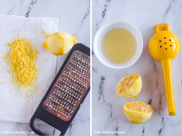 Two images, first is grated lemon zest on paper towel beside a grater. Second is bowl of lemon juice with squeezed lemons and juicer.