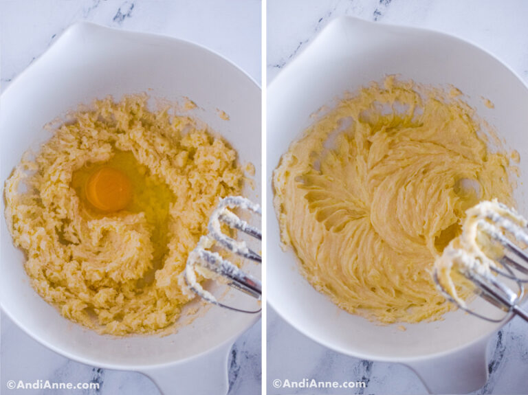 Two images of a large white bowl, first is creamed butter and egg and a mixer. Second is creamed butter and sugar with electric mixer.