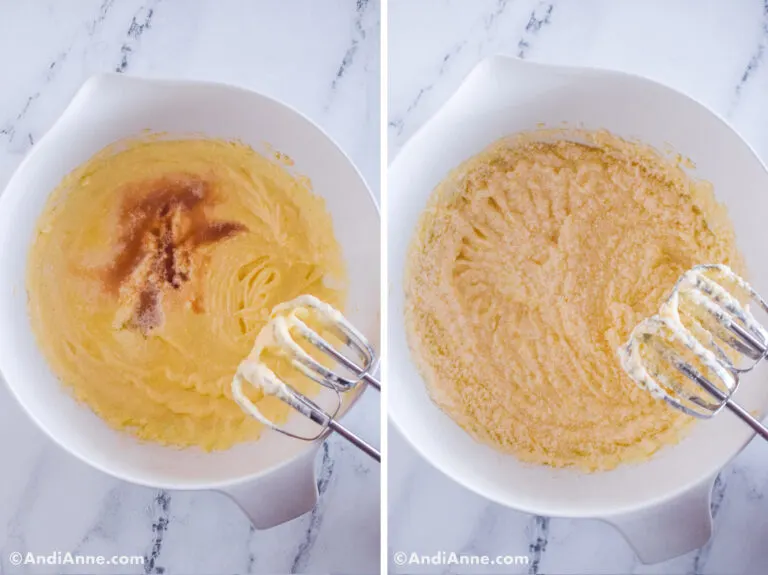 Two images of a white bowl, first is yellow batter with vanilla extract on top. Second is mixed creamy yellow batter with electric mixer.