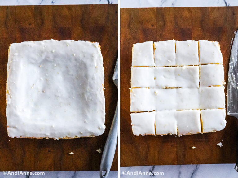 Lemon brownies topped with glaze. First image uncut, second image cut into squares.