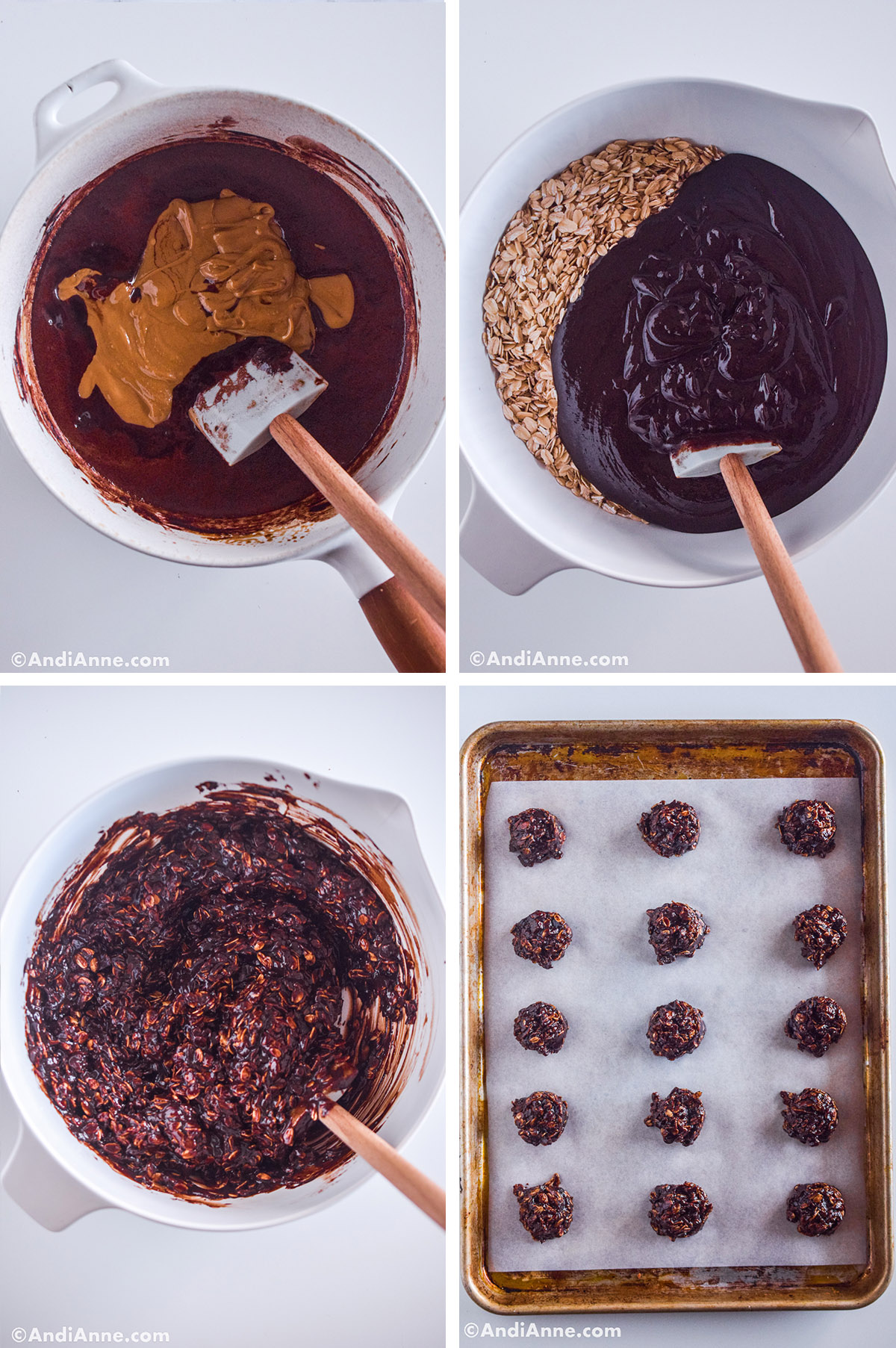 Four images grouped together. First is a white pot with melted chocolate and peanut butter with a spatula. Second is a white bowl with oats and chocolate sauce poured in. Third is chocolate oat mixture in a white bowl with spatula. Fourth is cookies on a baking sheet with parchment paper.