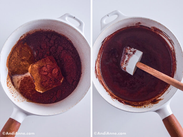 Two images side-by-side of a white pot with chocolate liquid ingredients and a spatula.