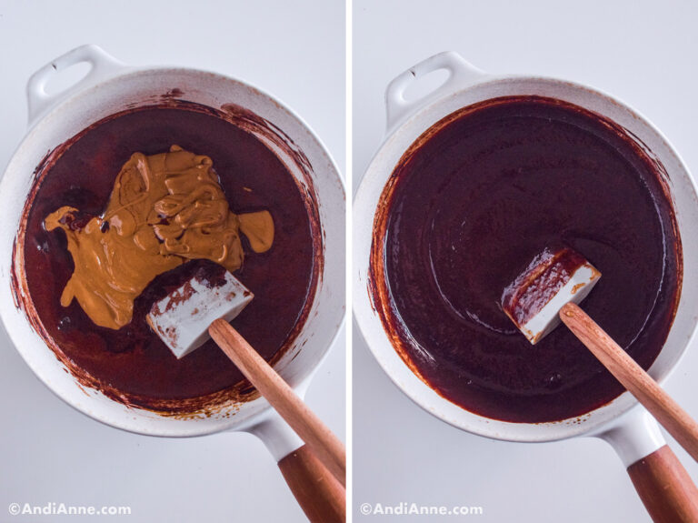 Two images side-by-side of a white pot with nut butter dumped on top of chocolate sauce then mixed in with spatula.