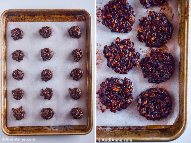Two images of a baking sheet with parchment paper and dropped chocolate cookies.
