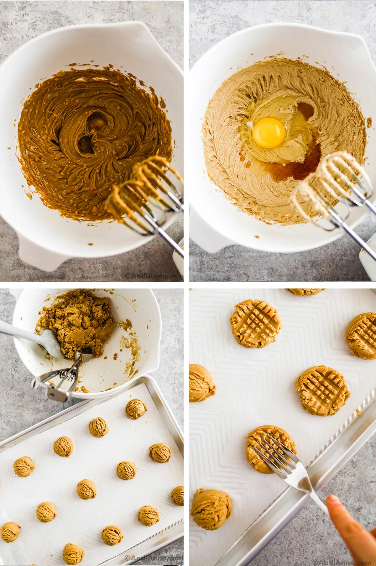 Four images with steps to make recipe. First is creamed butter and peanut butter in a bowl with electric mixer. Second is creamed mixture with egg and vanilla on top in bowl, fourth is a baking sheet with scoops of cookie dough and bowl with dough beside it. Fourth image is close up of cookies with forks pressed to create a criss cross pattern.