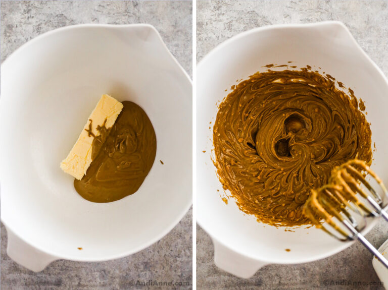Two images of a white bowl, first with peanut butter and butter. Second with whipped peanut butter and butter.