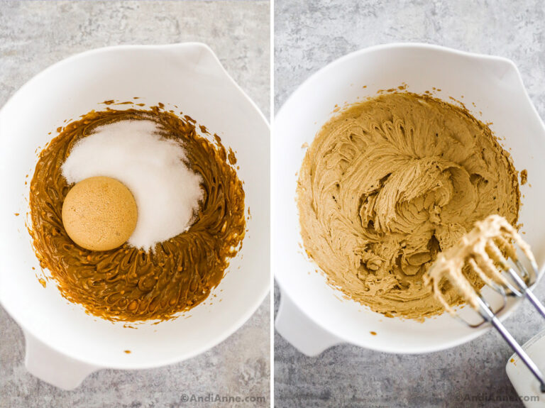 Two images of a bowl, first with brown and white sugar dumped on top of batter. Second with creamy batter and hand mixer.