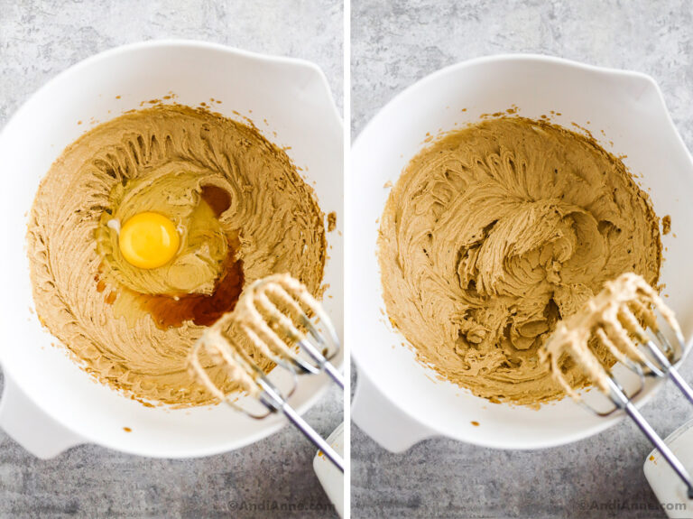Two images of a white bowl, first with creamy mixture and an egg and vanilla on top. Second with light creamy mixture and hand mixer.