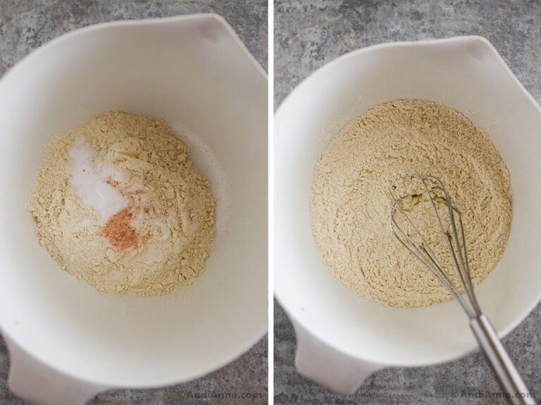 Two images of a white bowl, first with dry ingredients dumped in. Second with dry ingredients mixed together.