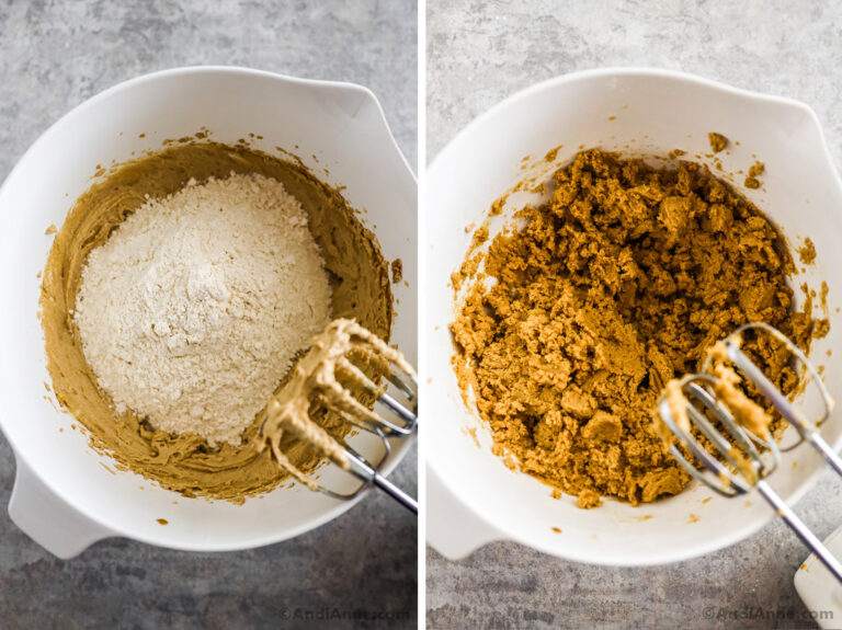 Two images of a white bowl, first with dry ingredients dumped on top of a creamy mixture. Second with cookie dough mixed in and a hand mixer.