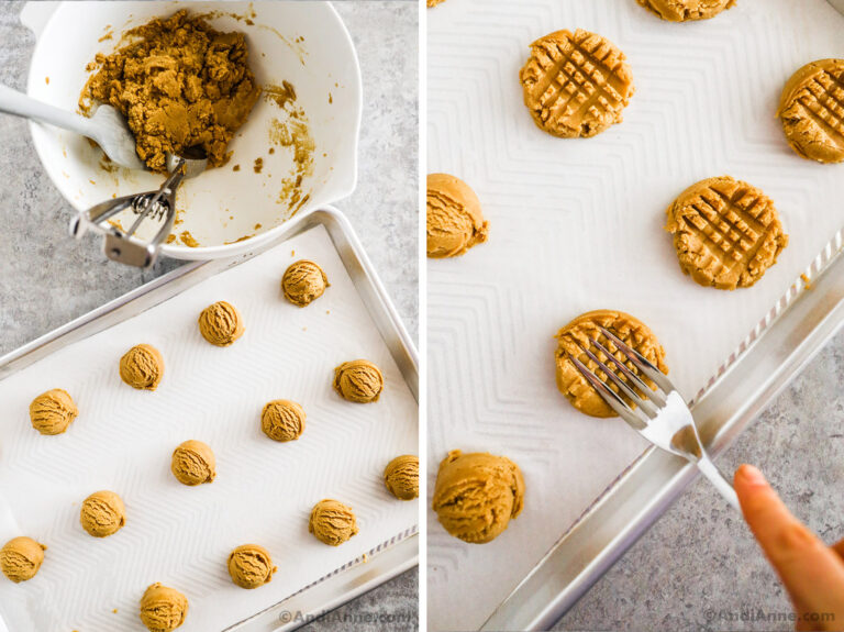 A baking sheet with cookie dough balls, a bowl with batter, and cross hatch pattern using a fork on raw cookies on baking sheet.