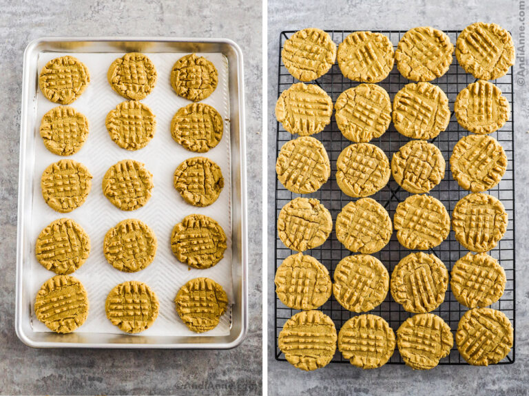 Baked cookies on a baking sheet, and baked cookies on a cooling rack.