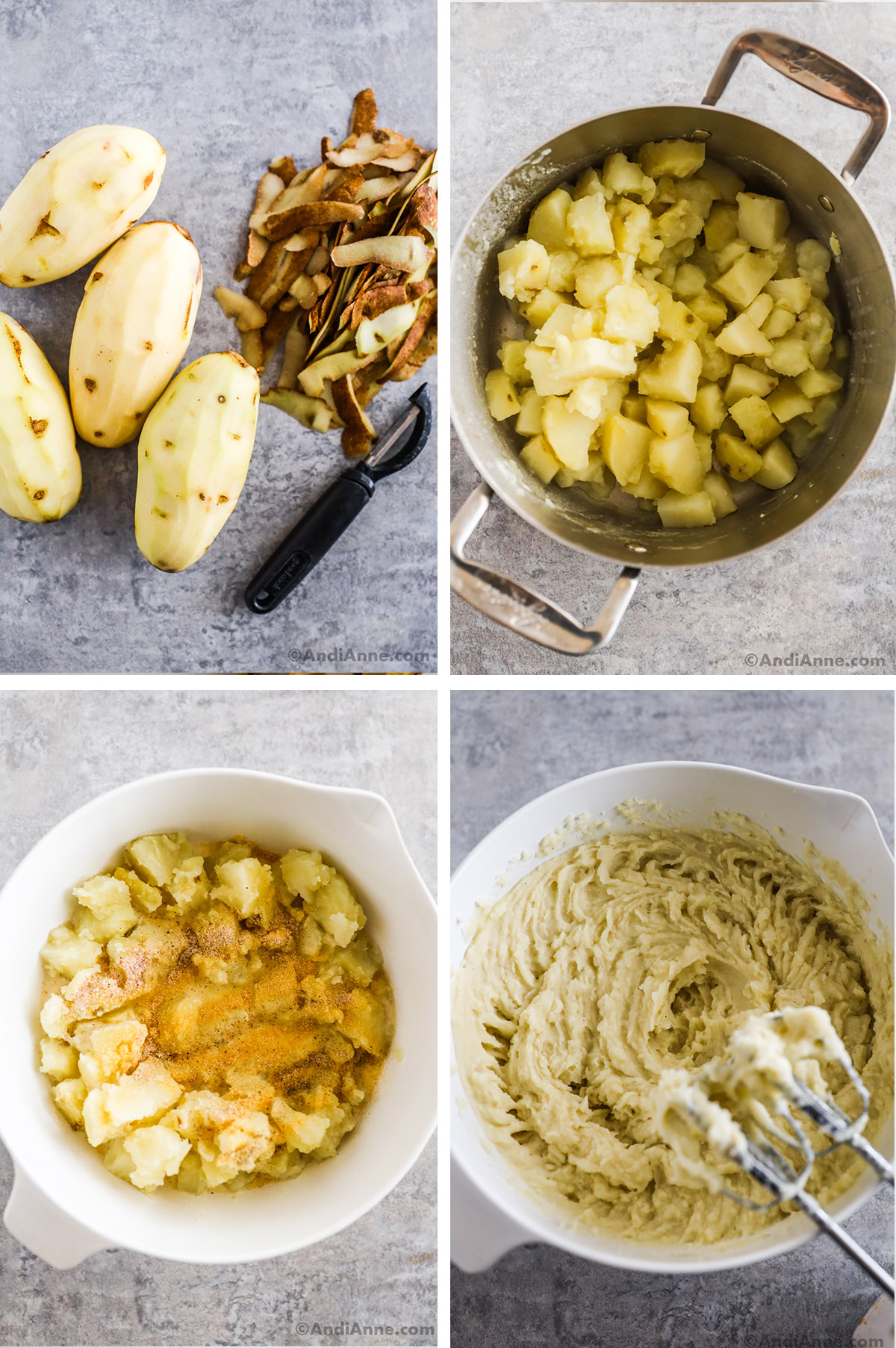 Four images showing steps to make the recipe. First is peeled russet potatoes with skins and vegetable peeler beside it. A pot of cooked potatoes, A bowl with mashed potatoes, milk, and spices, and bowl with creamy mashed potatoes and hand mixer.