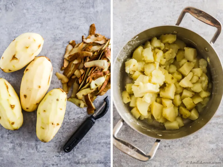 Two images grouped together, first is peeled russet potatoes, potato skins and vegetable peeler. Second is chopped cooked potatoes in a large pot.
