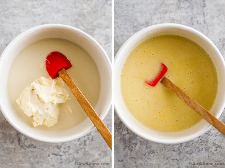 Two images of a white bowl. First is plant based milk and plant based butter spread in bowl with small spatula. Second is creamy mixture with spatula.