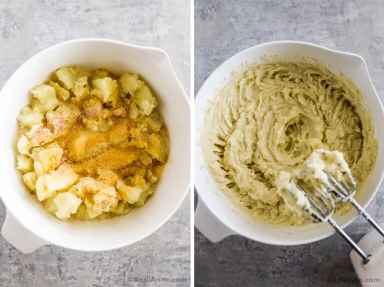 Two images of a white bowl, first is cooked chopped potatoes with spices and milk. Second is creamed potatoes with hand mixer beside.