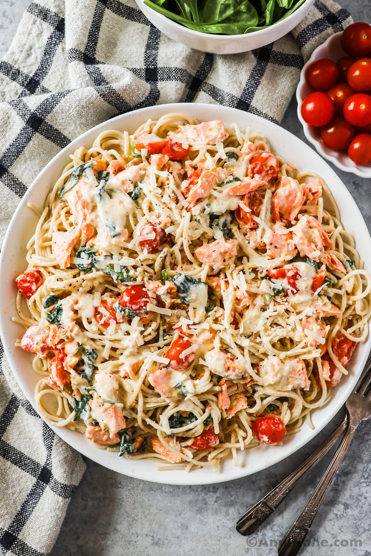 Plate of creamy pasta with flaked salmon, cherry tomatoes and spinach