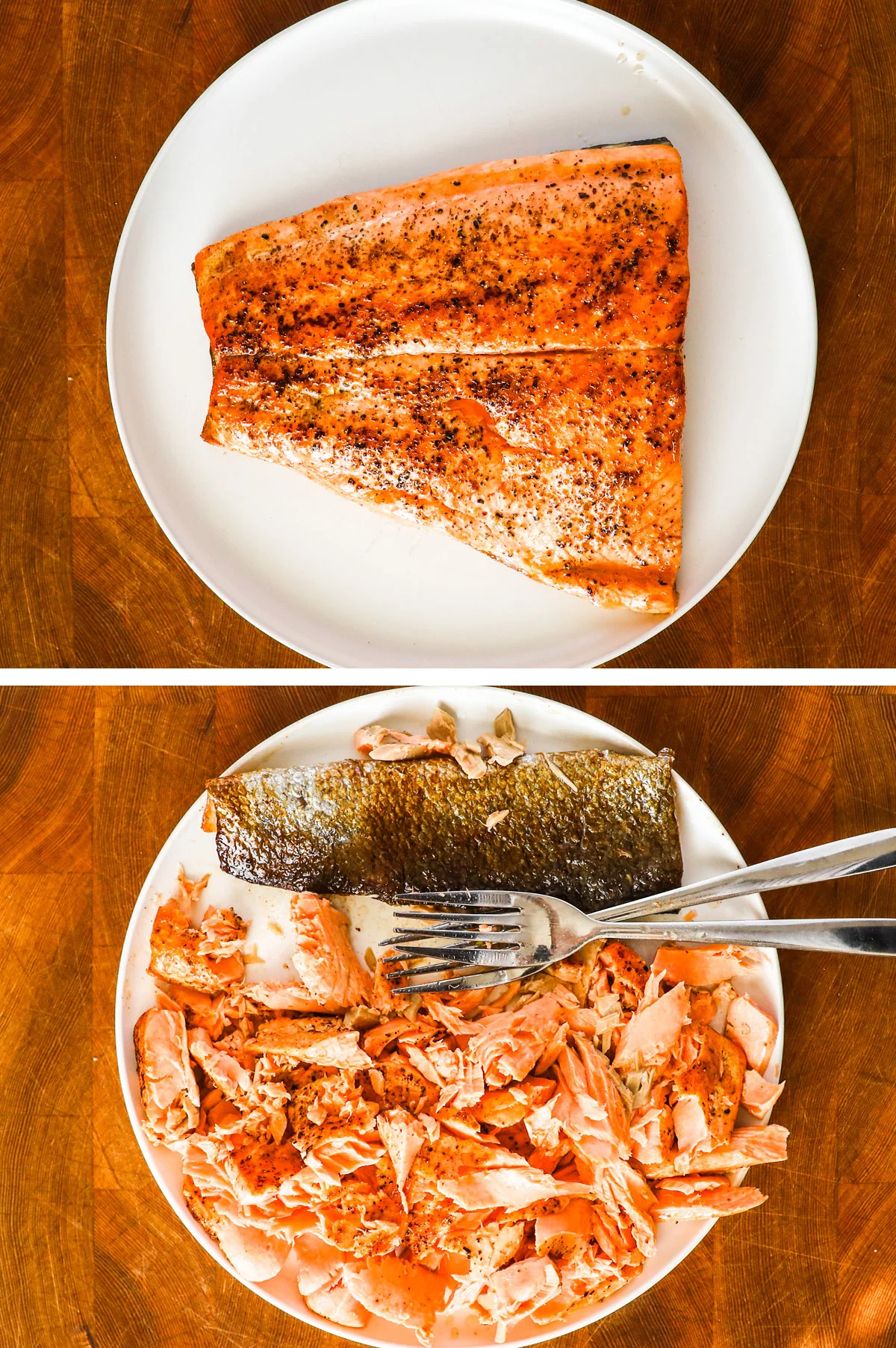 A plate of cooked salmon, and flaked salmon pieces with skin removed and two forks