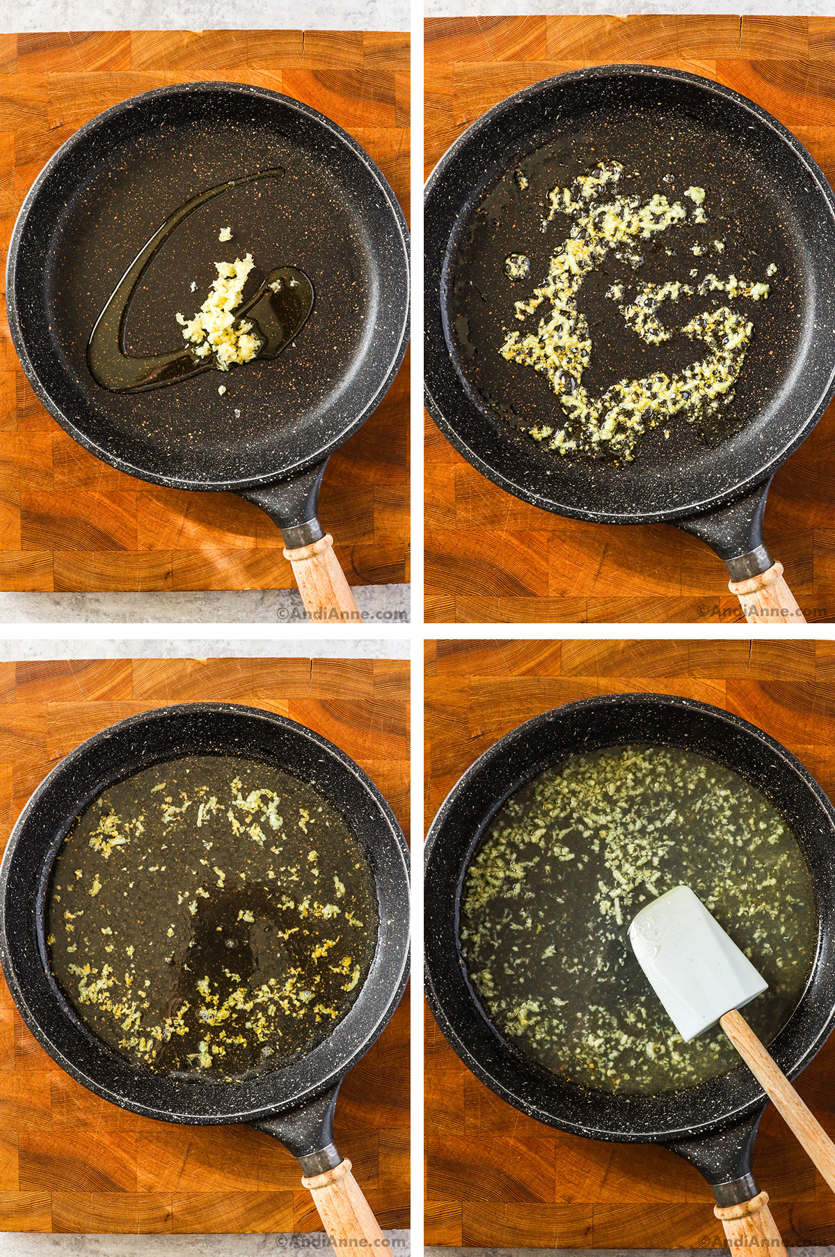 A frying pan with minced garlic and olive oil, then liquid added and mixed in.