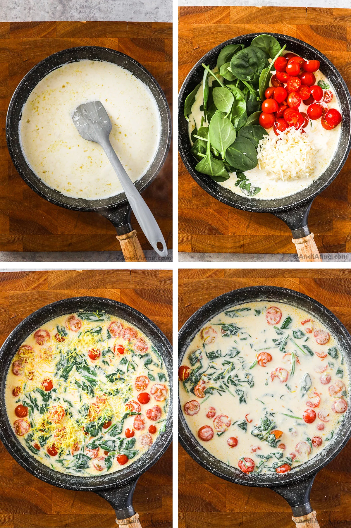 A pan with creamy white sauce and spatula, baby spinach, tomatoes and parmesan dumped in, then everything mixed together and lemon zest sprinkled over top, then last image all vegetables wilted and mixed with creamy sauce