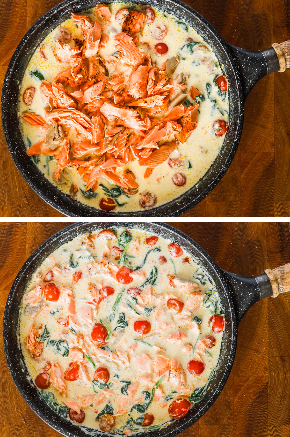 Flaked salmon dumped into the creamy sauce with vegetables