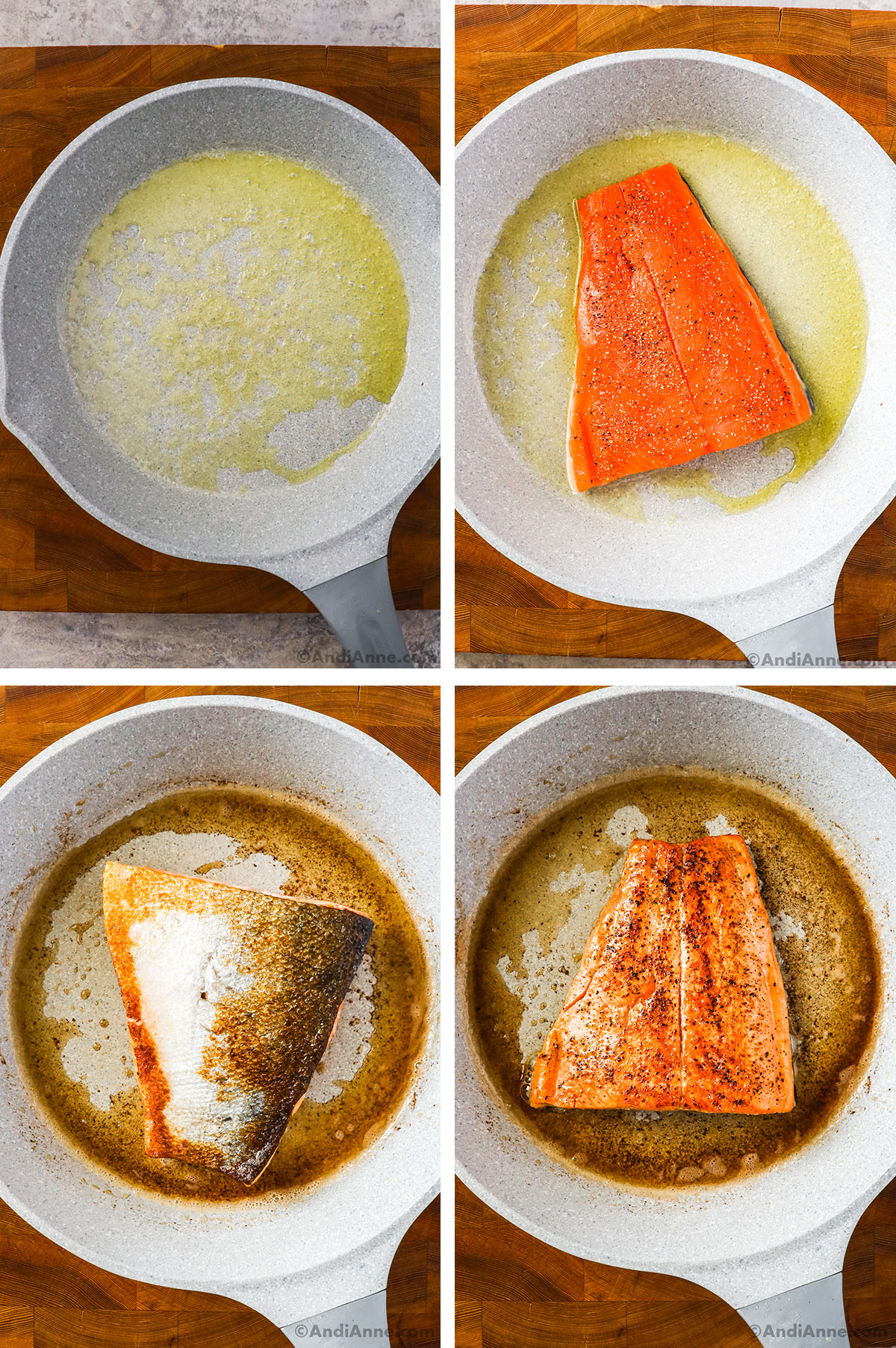 Four images of a frying pan. First is melted butter inside, second a raw salmon fillet, third salmon skin side down, and fourth the cooked salmon. 