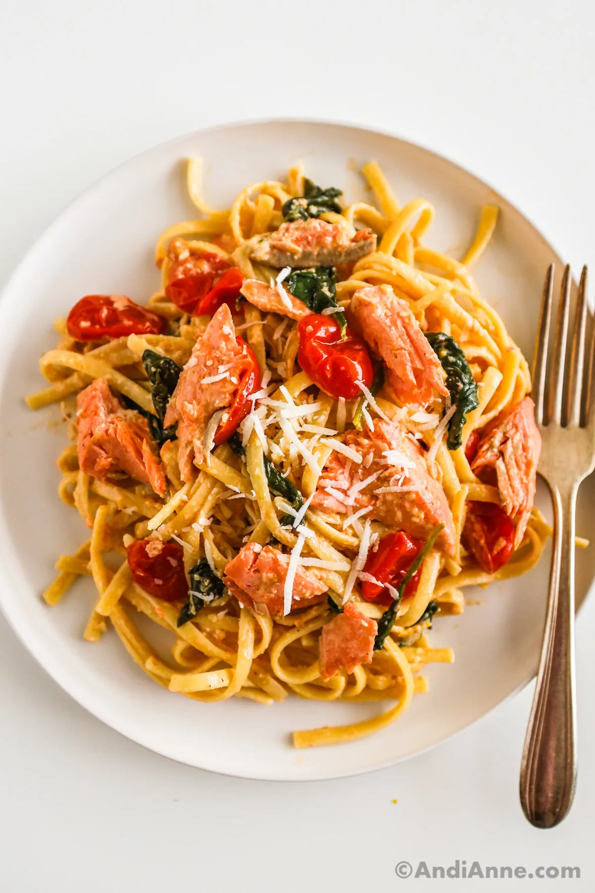 Pasta noodles, salmon, grape tomatoes and spinach with grated parmesan on top. All on a white plate with a fork.