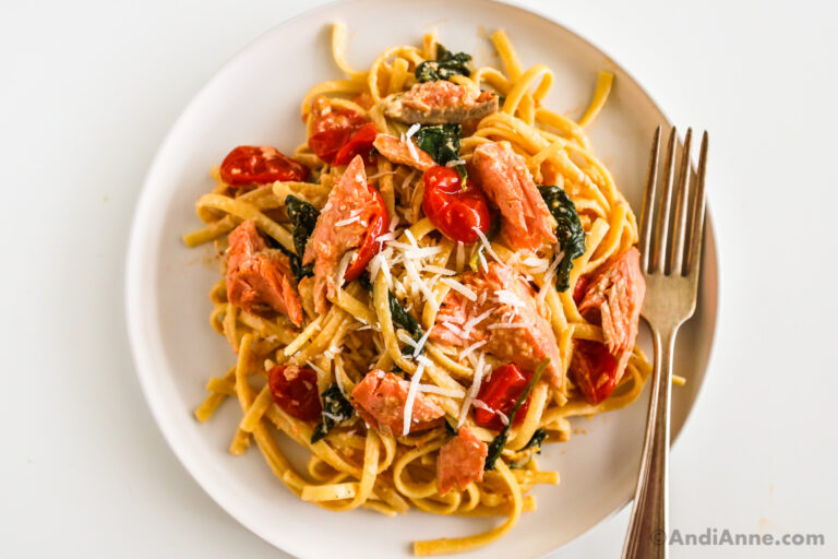 A plate of salmon pasta recipe with a fork.