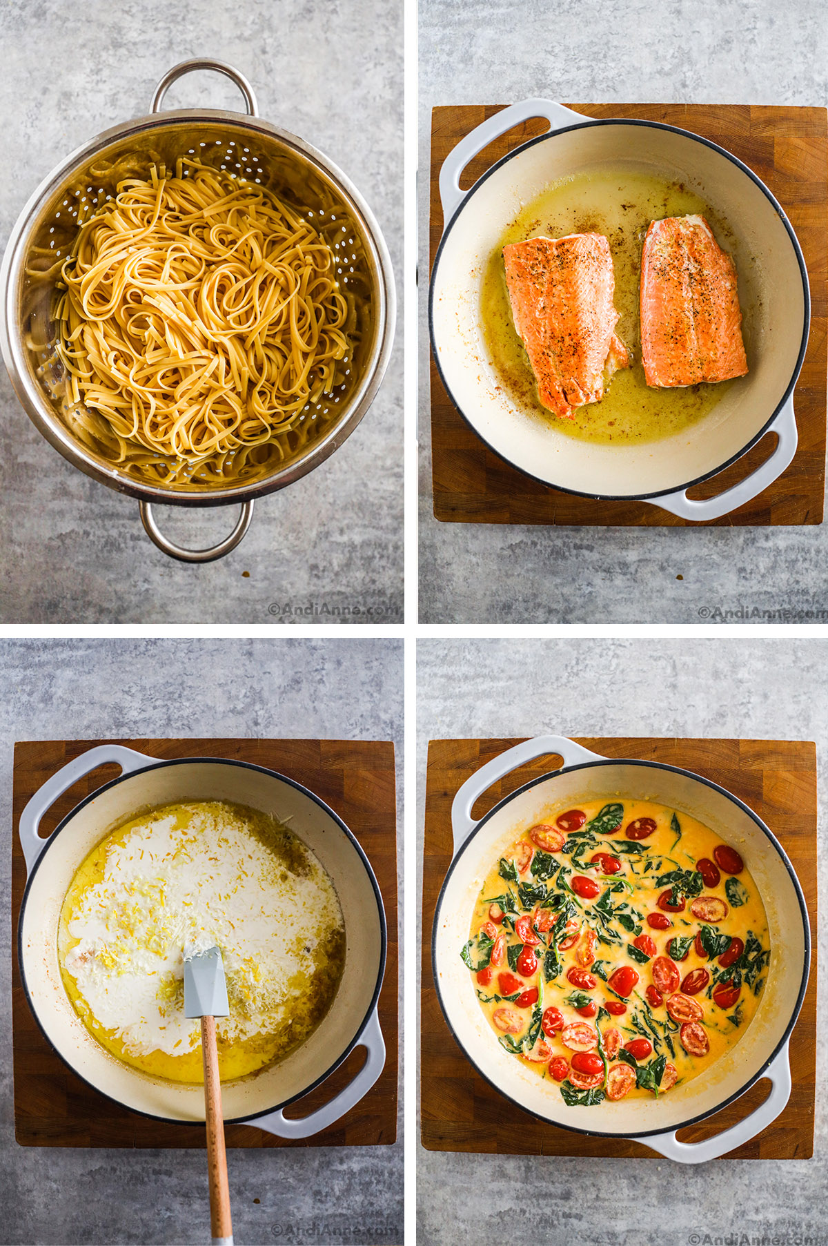 Four images grouped together. First is cooked pasta in a strainer. Second is a white pot with cooked salmon fillets and oil. Third is cream and zest dumped in over olive oil and spices. Fourth is grape tomatoes and spinach in a creamy sauce in white pot.