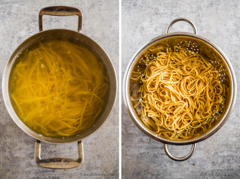 Boiled pasta in water in a pot. Then drained in a strainer.