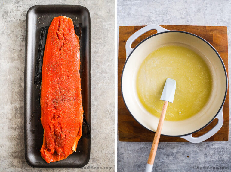 a salmon fillet and a pot with olive oil.