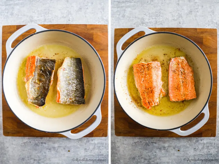 A pot with two pieces of salmon, skin side up, then skin side down.
