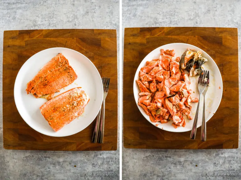 Two plates, first with cooked salmon filets, second with salmon flaked with 2 forks.