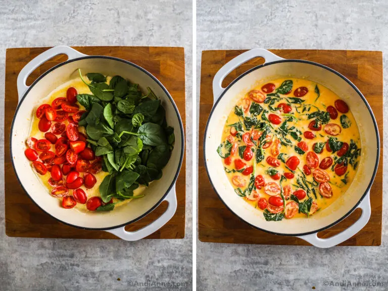 Two images showing sliced grape tomatoes and baby spinach dumped into a pot of cream sauce, then they are mixed in.