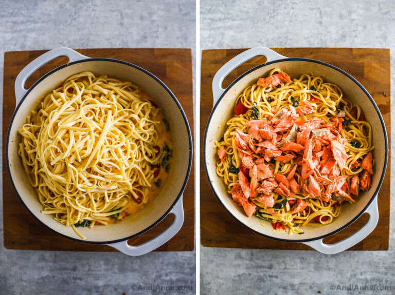 Two images showing pasta dumped on top of a cream sauce in a pot, then flaked salmon is added.
