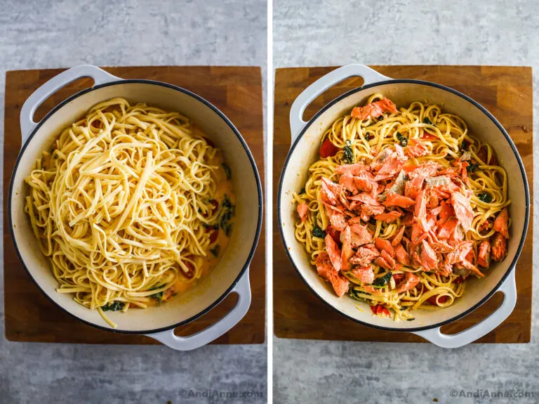 Two images showing pasta dumped on top of a cream sauce in a pot, then flaked salmon is added.
