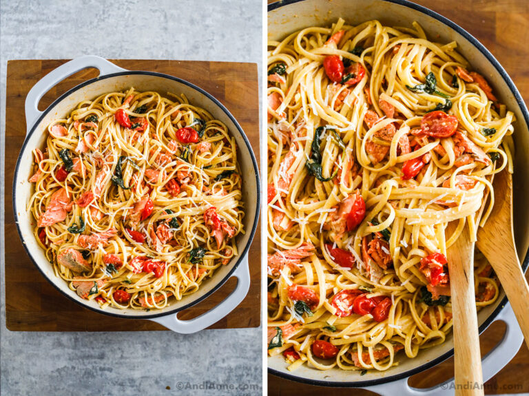 Two images of the salmon pasta recipe in a pot. One image is closer with two wood spoons.