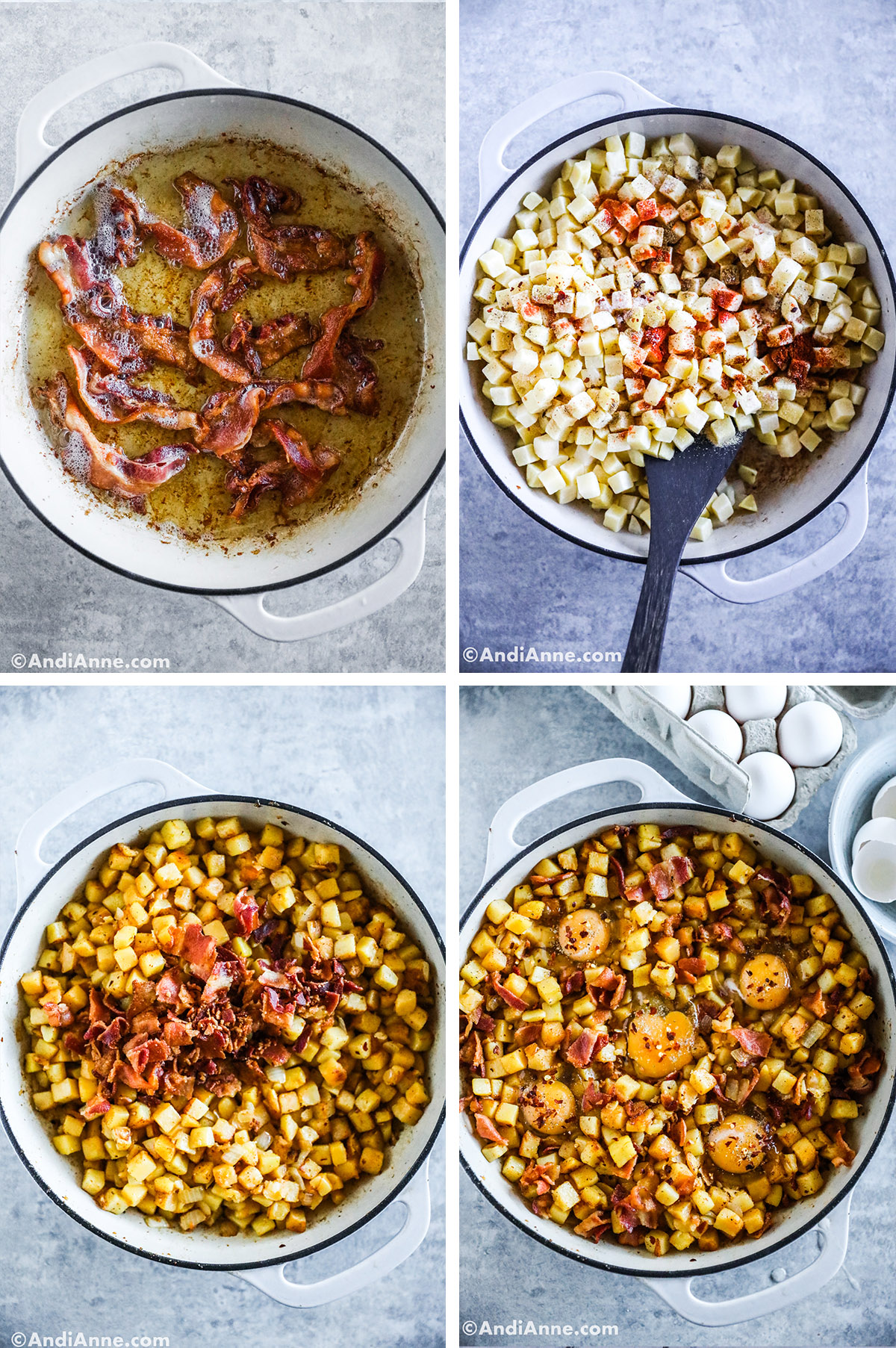 Four images grouped together. First is bacon cooking in pan, second is frozen hash browns topped with spices in pan, third is bacon dumped on top of hash browns, fourth is eggs cracked over top of hashbrowns.