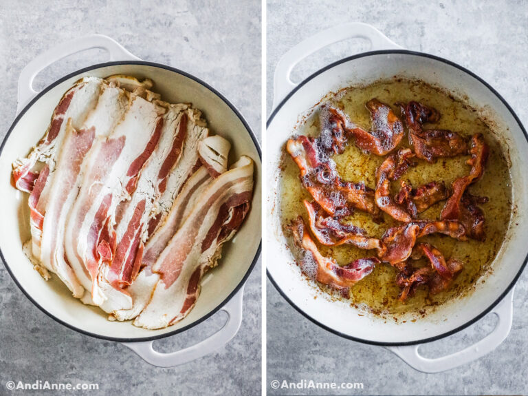 Two images of a pan with bacon, first is raw, second is cooked.