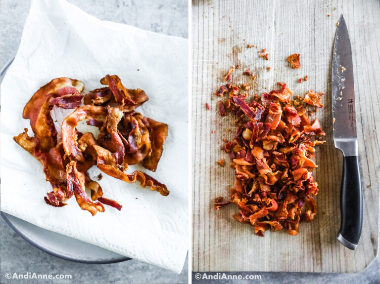 Cooked bacon strips on a paper towel, and crumbled bacon strips with a knife beside it.