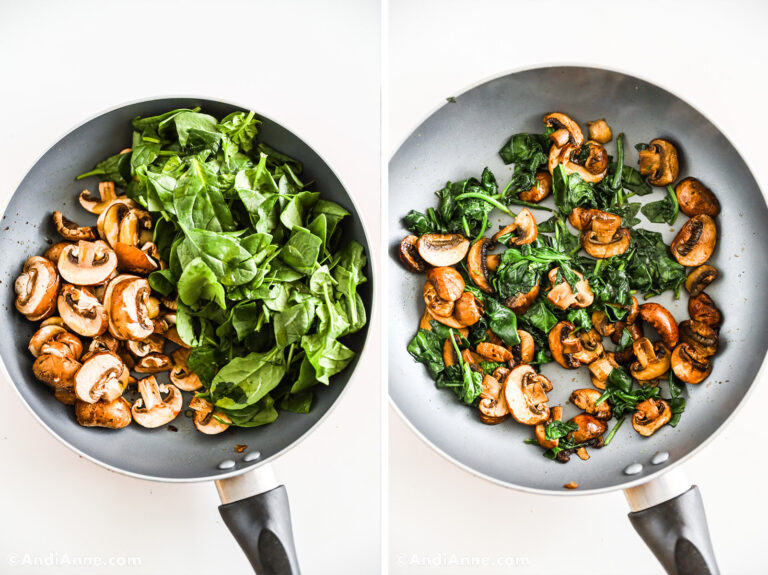 Sliced mushrooms and chopped spinach in a frying pan.