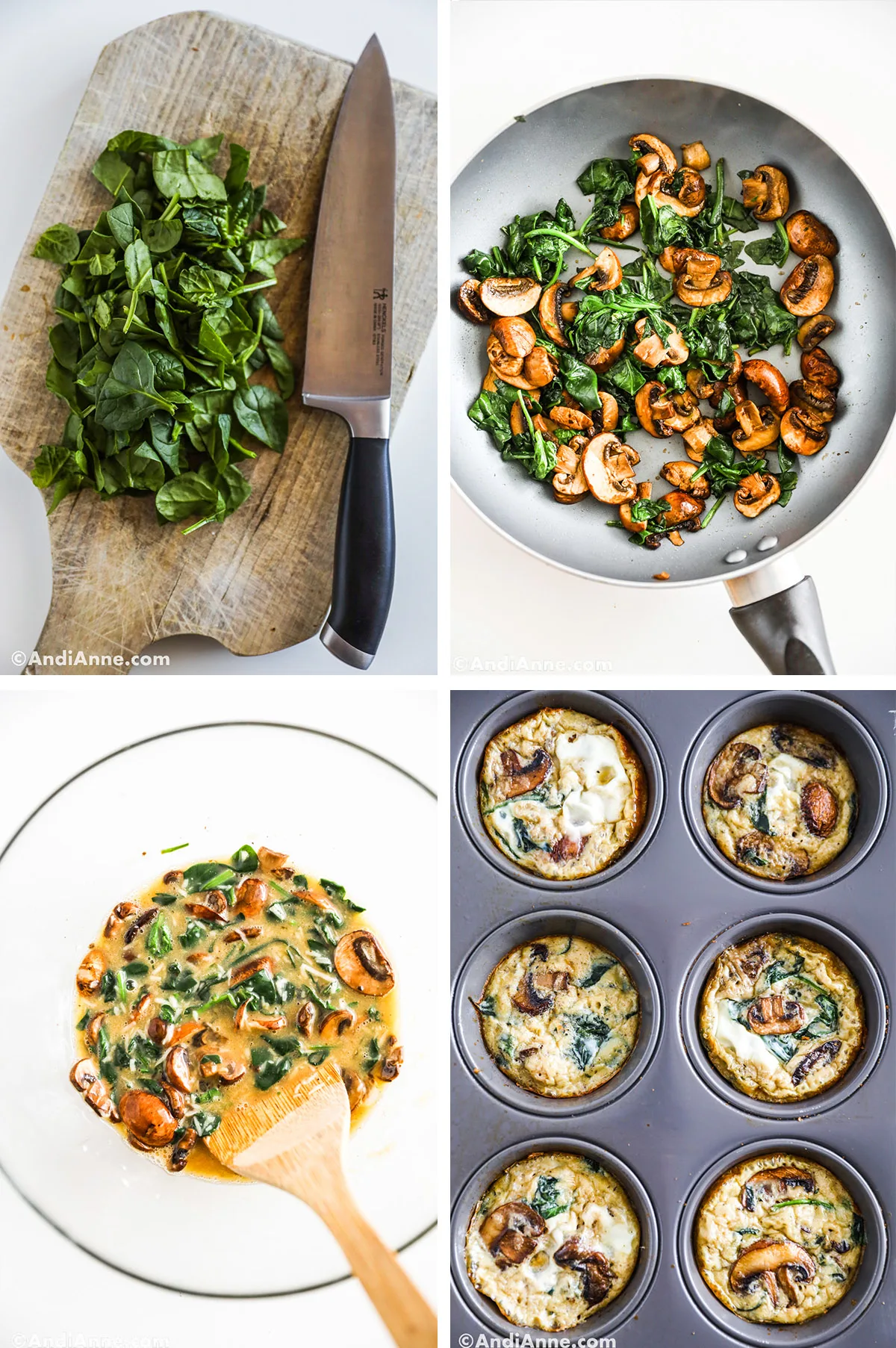 Four images grouped together. First is chopped spinach with a knife. Second is spinach and mushrooms cooking in frying pan. Third is raw egg liquid with spinach and mushrooms. Fourth is baked eggs in a muffin pan.