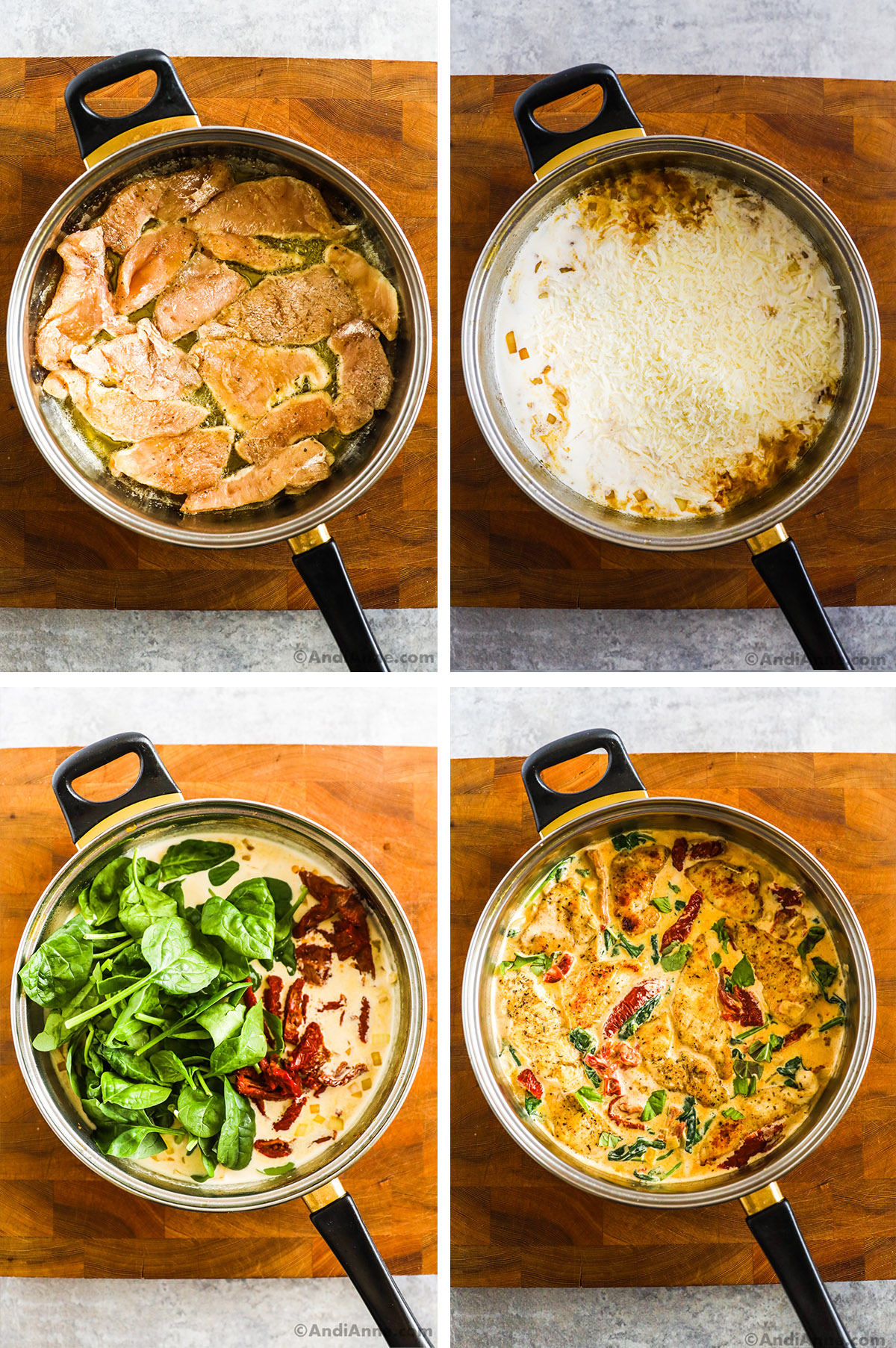 Four images showing steps to make recipe in a pot. First is raw chicken cooking. Second is creamy sauce with grated parmesan dumped in. Third is spinach and sliced sun dried tomatoes dumped on top of a creamy sauce. Fourth is the cooked final tuscan chicken recipe.