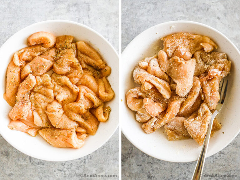 Two images of a white bowl, first with chicken slices. Second with chicken seasoned with salt and pepper.