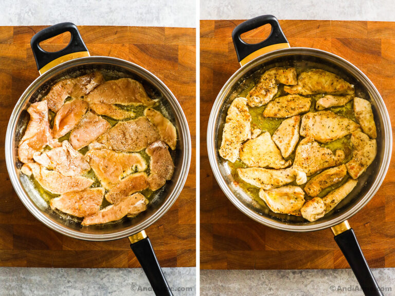 Two images of a pan, first with raw chicken breasts, second with cooked chicken breast slices.