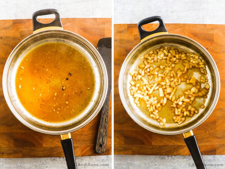 Two images of a pan. First with brown liquid. Second with chopped onion in brown liquid.