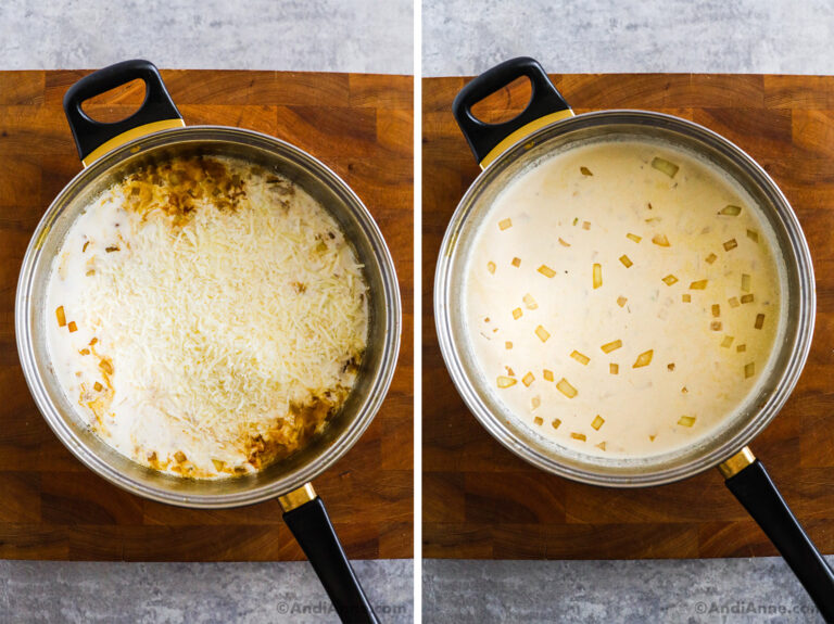 Two images of a pan. First is various ingredients dumped in. Second is creamy liquid.