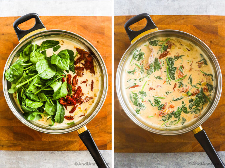 Two images of a pan. First is spinach and sun dried tomato slices on top of creamy sauce. Second is creamy sauce with spinach and tomato mixed in.